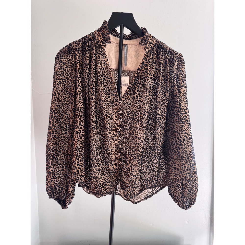 Anthropologie Leopard Print Burnout Velvet Blouse Mock Neck Sheer Top XSP Petite - Picture 3 of 9